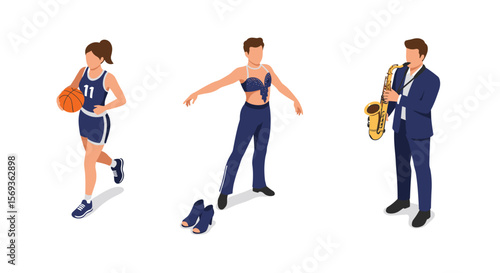 Diverse activities vector illustration: basketball, dance, and music in isometric style