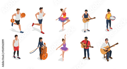 Diverse sports and music activities vector illustration in isometric style for educational and recreational design
