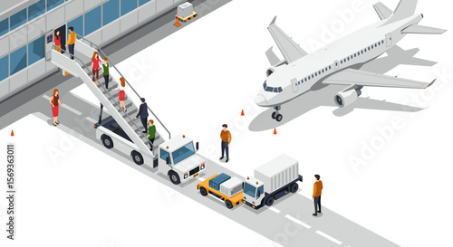 Isometric vector illustration of airport scene with airplane and passengers boarding for travel design