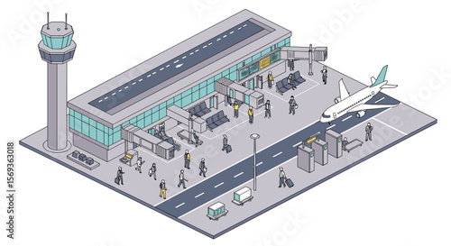 Isometric airport terminal scene with airplane and control tower vector illustration for travel design