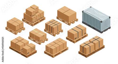 Isometric vector illustration of shipping boxes and cargo on pallets for logistics and transport