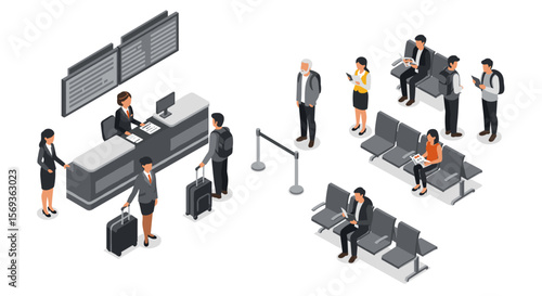 Isometric vector illustration of airport check-in scene with travelers in business attire