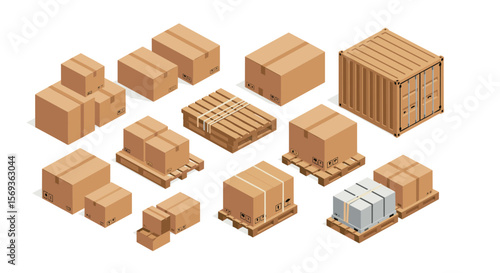 Isometric delivery boxes and shipping containers vector illustration for logistics and transportation design