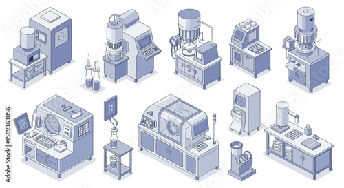 Isometric vector illustration of laboratory equipment and machinery for research and industrial design