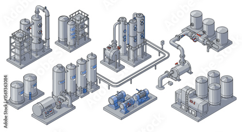 Isometric industrial machinery vector illustration for engineering and manufacturing design