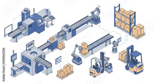 Automated warehouse and production line vector illustration in isometric style