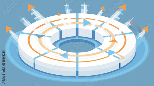 Isometric view of segmented circular structure with arrows indicating flow and directionality