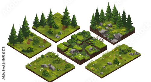 Isometric forest and meadow landscape vector illustration for game design and nature projects