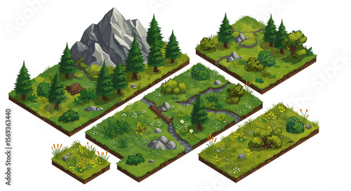 Isometric landscape vector illustration of mountainous forest and meadow for game design