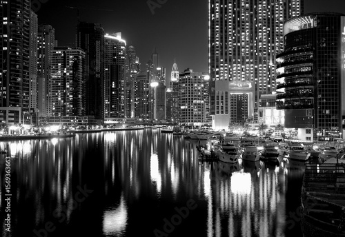 Photography fragment of Dubai Marina architecture in black and white photo