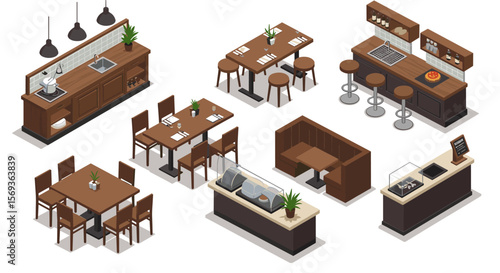 Cozy cafe interior elements vector illustration for design projects
