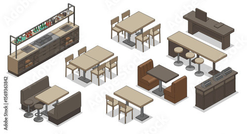 Isometric vector illustration of modern restaurant furniture layout for interior design