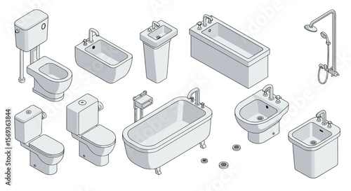 Bathroom fixtures and plumbing elements vector illustration: isometric design for home improvement and renovation projects