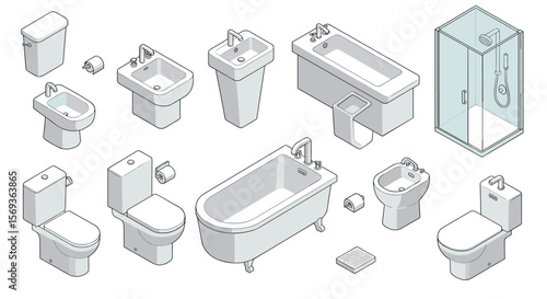 Isometric bathroom fixtures vector illustration for interior design and renovation projects