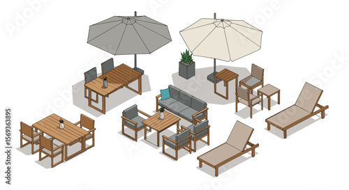 Isometric vector illustration of outdoor patio furniture arrangement for garden, deck, or terrace design