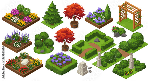Decorative garden elements vector illustration: trees, shrubs, and flowerbed designs for landscape design