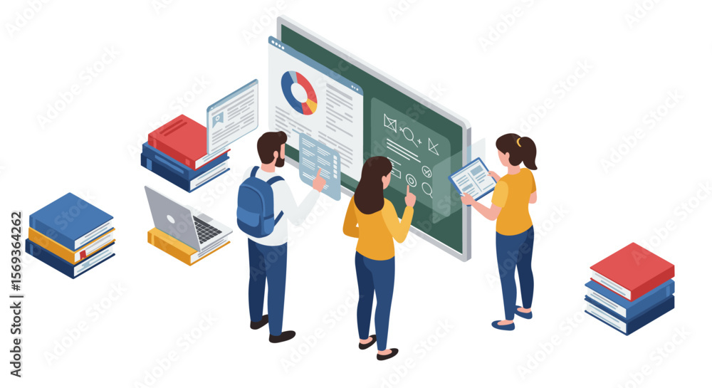 Obraz premium Collaborative learning concept in education technology design - isometric vector illustration for digital platforms