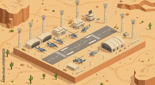 Isometric military airbase vector illustration in desert scene with helicopters and control towers