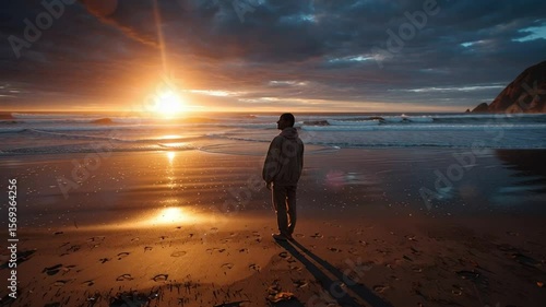 Man Gazing at Sunset Beach: A solitary figure stands on a sandy beach, captivated by the breathtaking sunset over the ocean. This scene is a testament to the profound beauty of nature.