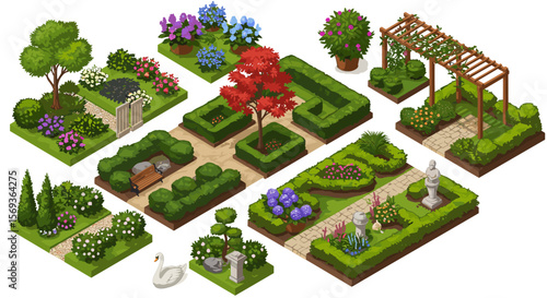 Vector illustration of isometric garden design with diverse plants and landscaping elements