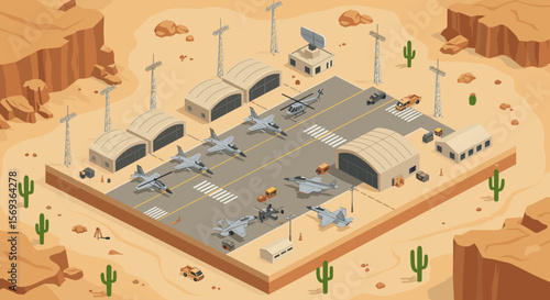 Isometric military base in desert landscape vector illustration for posters and cards