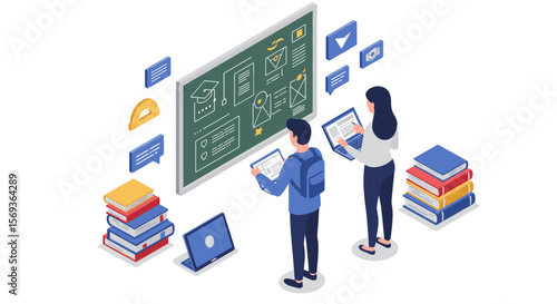 Educational technology in modern learning environments vector illustration - design for print and digital use in isometric style