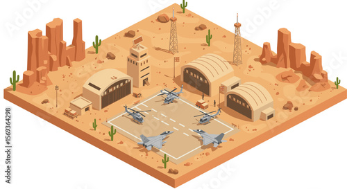 Isometric vector illustration of military air base with hangars and aircraft in desert environment