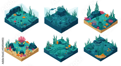 Isometric underwater scene vector illustration for ocean and marine design