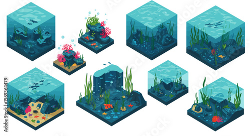 Isometric aquarium vector illustration: underwater ocean scene with coral and marine life for design projects