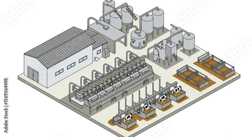 Isometric dairy farm production facility vector illustration for agricultural design