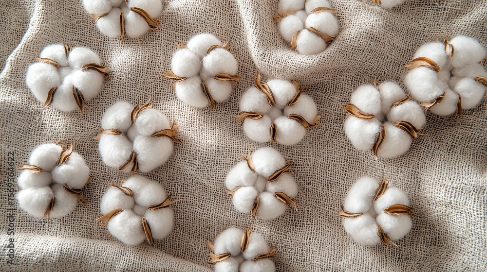 Obraz premium Organic cotton weave background raw cotton bolls on burlap fabric top-down natural texture soft lighting authentic minimal