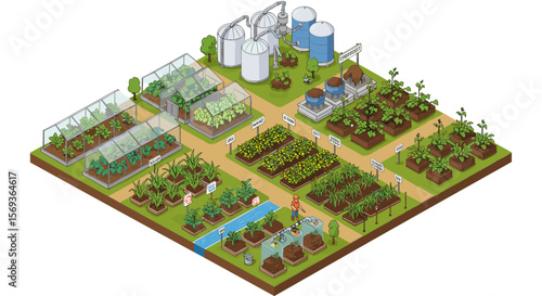 Isometric farm layout vector illustration for sustainable agriculture design