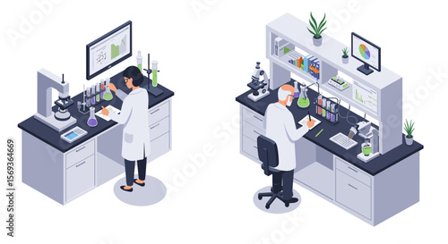Modern laboratory research vector illustration: scientists in lab coats analyzing data for scientific innovation and discovery