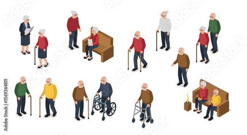 Isometric illustration of elderly people with mobility aids for healthcare design