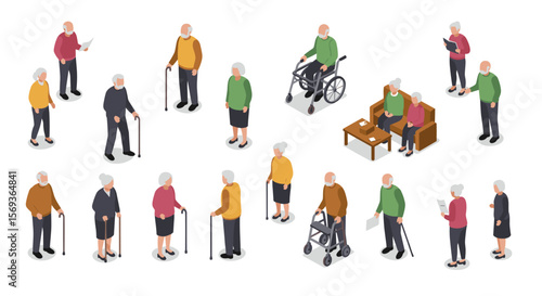 Isometric vector illustration of elderly people engaging in daily activities for community support design