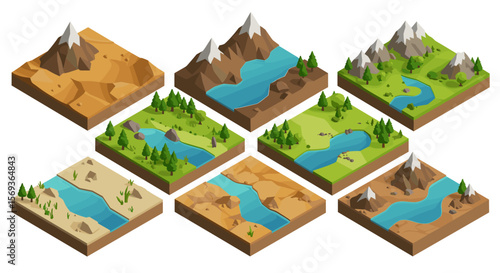 Set of isometric vector illustrations of diverse landscape elements for design and animation projects