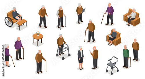 Elderly activities and interaction vector illustration for healthcare and community design projects