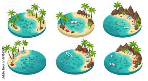 Tropical island paradise vector illustration set with palm trees and blue lagoons for beach holiday design