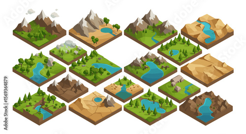 Isometric vector illustration of varied landscapes and biomes for game design and educational use