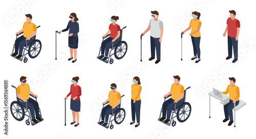 Vector illustration of people with disabilities in various activities and assisted living scenes in isometric style