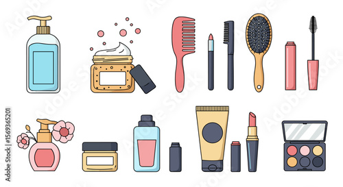 Bath and beauty essentials vector illustration for cosmetic design and packaging in flat style