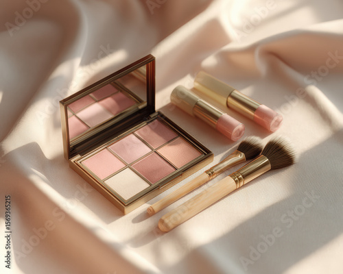 Refined pastel toned flat lay featuring makeup palette, lipsticks, and brushes arranged elegantly on soft fabric background, evoking sense of beauty and sophistication