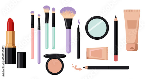 Makeup essentials vector illustration: lipstick, brushes, and cosmetics for beauty design