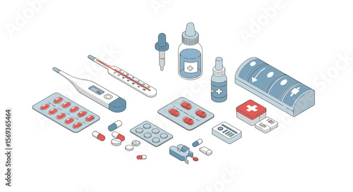 Medical supplies and devices vector illustration for healthcare design in isometric style