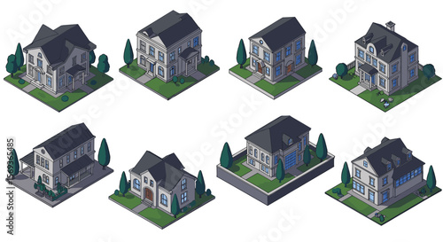 Isometric vector illustration of various modern residential houses for design and poster