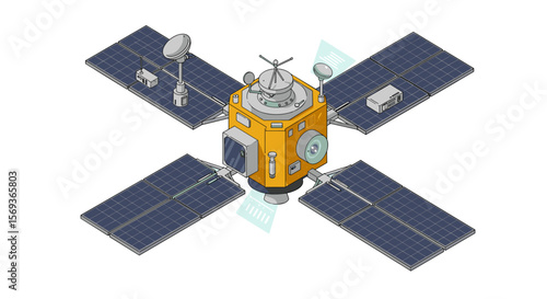 Space satellite with solar panels vector illustration in isometric style for science and technology design