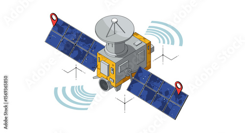 Space exploration satellite with solar panels and antenna vector illustration
