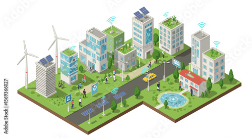 Smart city vector illustration: sustainable urban design with green energy and technology in isometric style