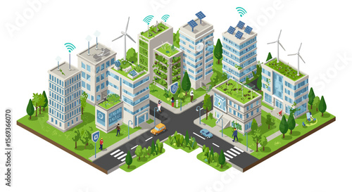 Green smart city with eco-friendly buildings and renewable energy sources vector illustration