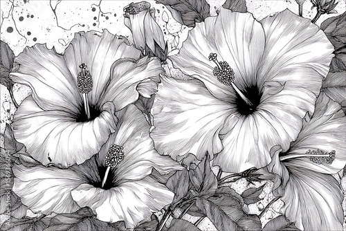 Monochrome Line Art Hibiscus Flowers Botanical Illustration